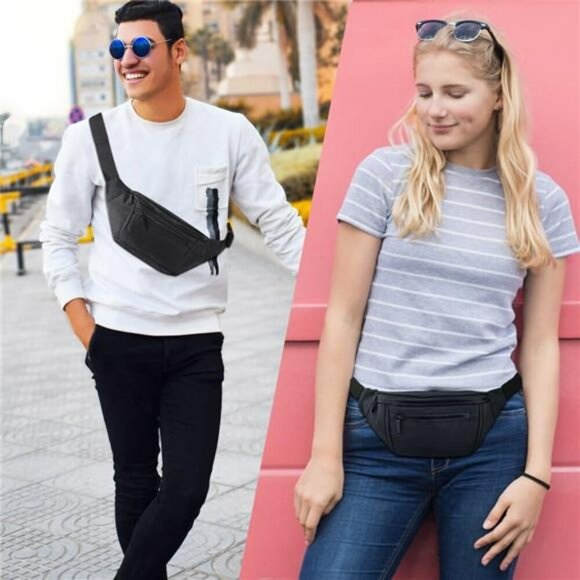 Black Fanny Pack Crossbody Waist Bag for Men Women Travel Running Hiking - Picture 3 of 7